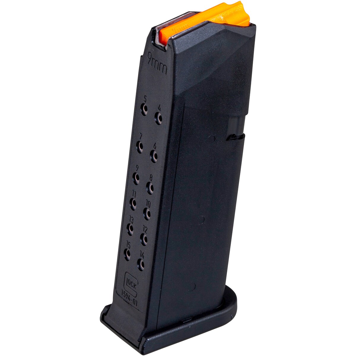 Magazin Glock 19 und 49 – Magazinkapazität: 15 Patronen – Zubringer: Orange